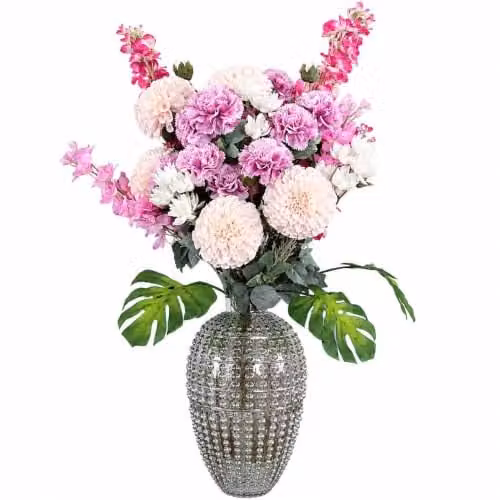 Leaf Design UK 75cm Pink Dahlia Artificial Tropical Flowers with Round Glass Bubble Vase