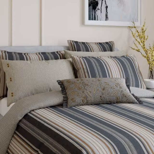 Bedeck of Belfast Oscar Super Kingsize Reversible Striped Cotton Percale Duvet Cover Set, Anthracite and Beige, W: 200 cm x L: 200 cm
