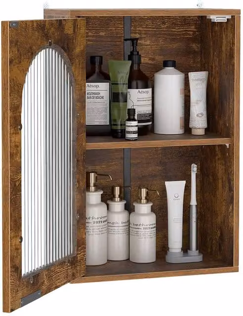 Kelvenix Brown Wall Mounted Bathroom Medicine Cabinet with Glass Doors and Internal Shelves – 1