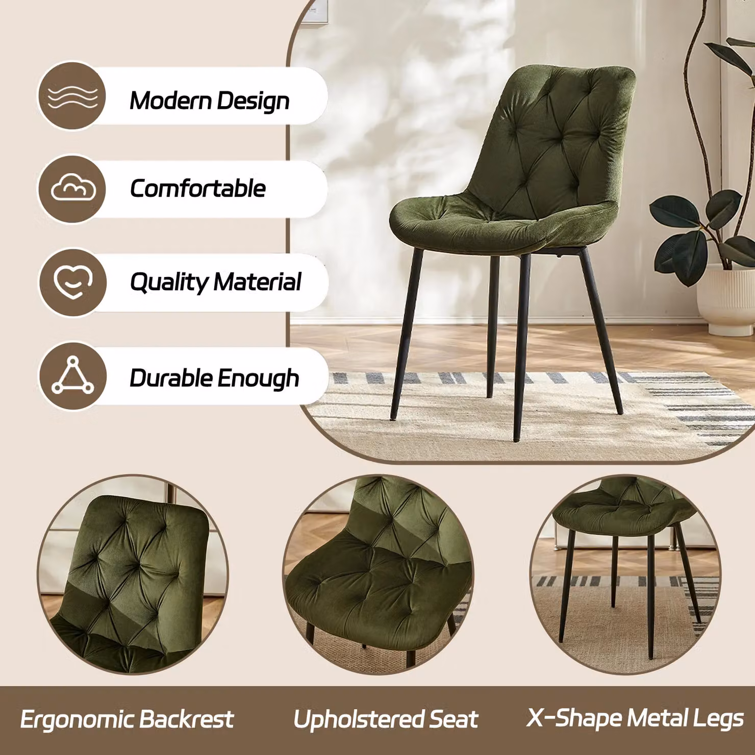 SONARA Modern Set of 4 Green Velvet Dining Chairs with Ergonomic Upholstered Seats and Metal Legs – 3