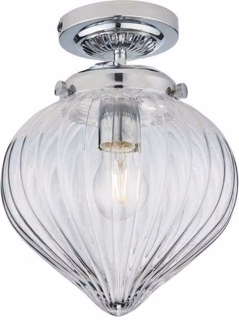 Netlighting Cheston Semi Flush Ceiling Light in Chrome with Grey Transparent Ribbed Glass Globe Shade, IP44 Rated