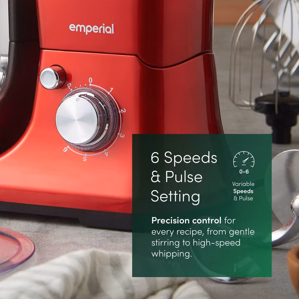 Emperial 5L Stand Mixer in Red with 6 Speeds, Dough Hook, Whisk and Beater – 4