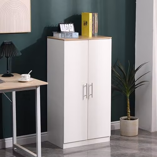 MMT Furniture Designs Ltd White and Oak Shoe Storage Cabinet with 2 Hinged Doors and Internal Shelves, H 108 cm x W 55 cm x D 35.5 cm