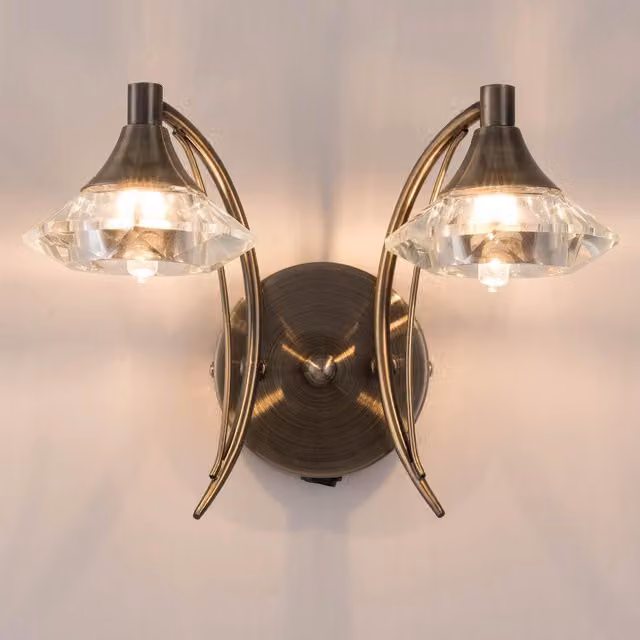 Harper Living Double Wall Light and Sconce in Antique Brass and Bronze Finish with Transparent Glass