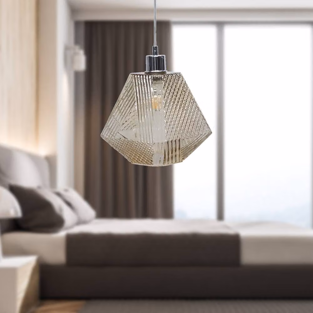 First Choice Lighting Lens Chrome Pendant Light with Champagne Textured Glass, Silver, H 113.0 cm x W 42.0 cm x D 20.0 cm – 3