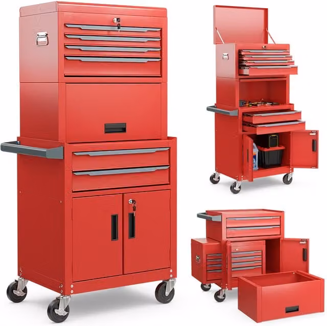 COSTWAY 3-in-1 Rolling Metal Tool Storage Cabinet and Lockable Tool Chest, Red