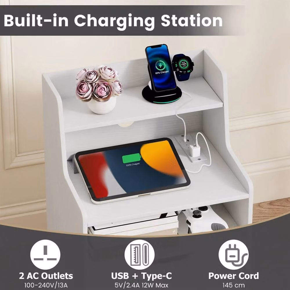 FORGEVIO Modern White LED Nightstand with Integrated Lighting and Charging Station – 2