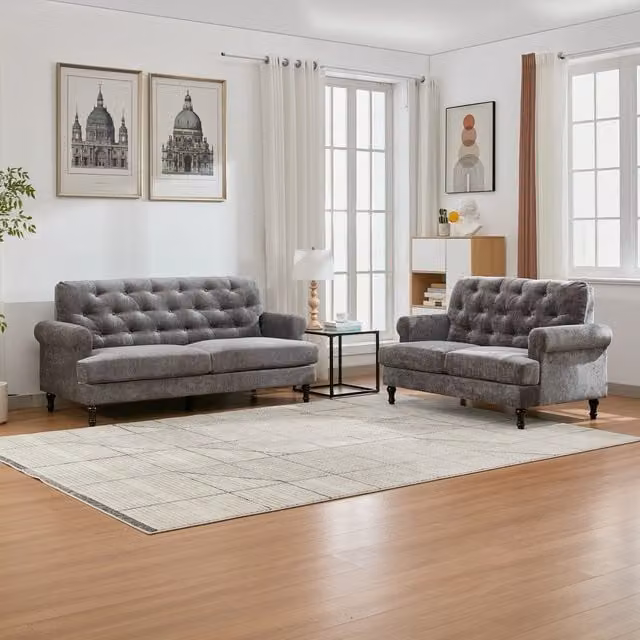 Furniture One Mid Century Modern Button Tufted Upholstered Fabric Couch Set in Grey, Width: 152 cm