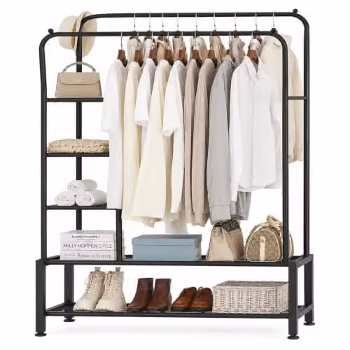 House Of Home Heavy Duty Double Metal Clothes Rail with Shelves, Black, H 160 x W 115 x D 40 cm