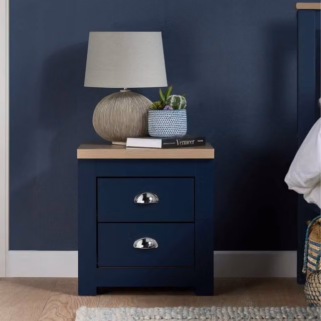Birlea Highgate 2 Drawer Bedside Table in Navy Blue and Oak