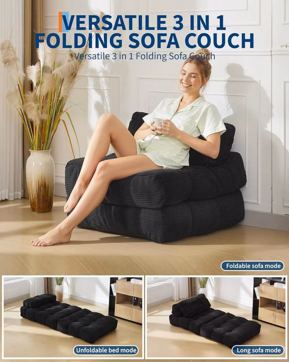 London Boutique 3-in-1 Convertible Sofa Bed Chair and Folding Lounger Mattress with Pillow in Black – 6