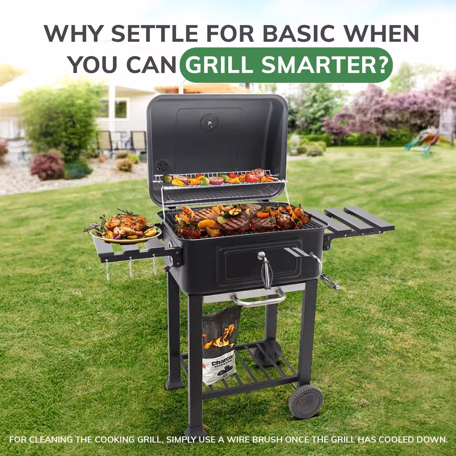 House of Home BBQ Smoker Grill Thermometer with Adjustable Black Steel Charcoal Pan – 7