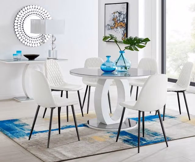 FurnitureboxUK Giovani Round Grey Glass Dining Table with 6 White Corona Black Leg Chairs, Diameter: 120 cm