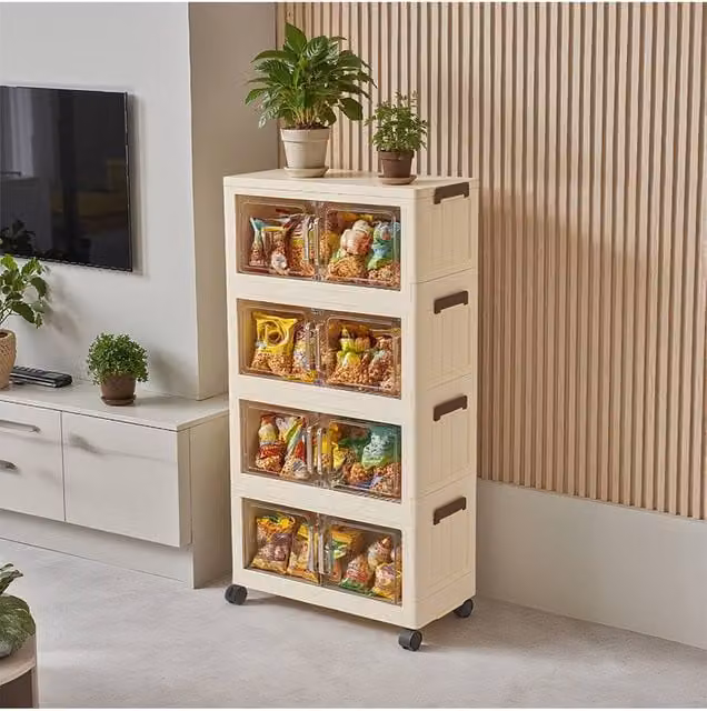 Living and Home 5/4 Tier Foldable Rolling Plastic Storage Cabinet with Magnetic Doors in Cream – 1