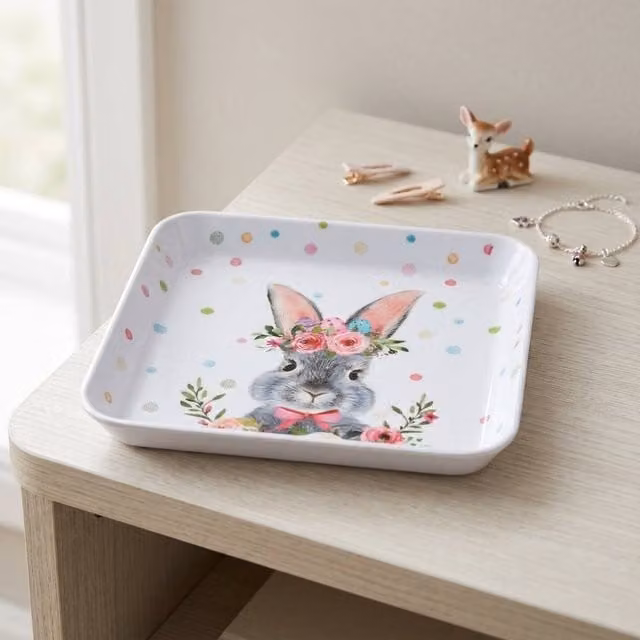 Garden Greatness Decorative Rabbit Design Ceramic Mini Tray in Multicolour and White, W/D/H: 15.0 x 15.0 x 2.0 cm