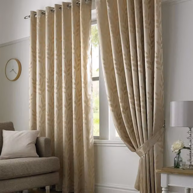 Tivoli Floral Jacquard Fabric Panel Curtains in Beige and Brown, Height: 229 cm