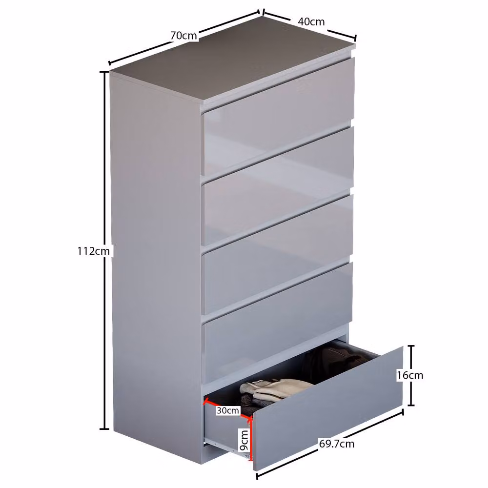 HD Designs Glinton 5 Drawer Chest of Drawers in Grey High Gloss – 2