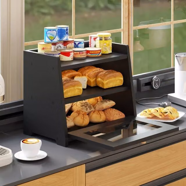 VOGREX Black Large Ventilated Kitchen Countertop Bread Storage Box