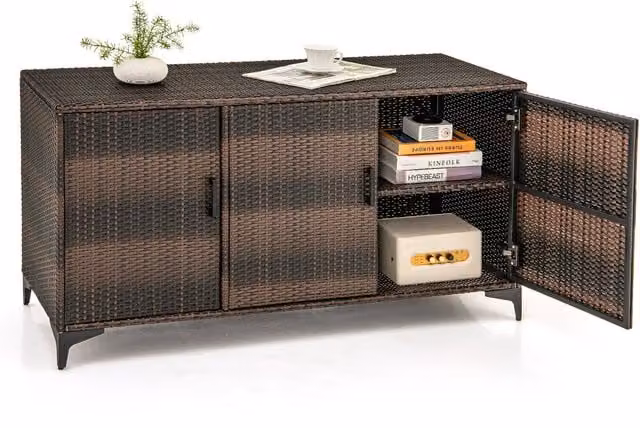 Costway Brown PE Rattan 3-Door Freestanding Garden Storage Container with Internal Shelves