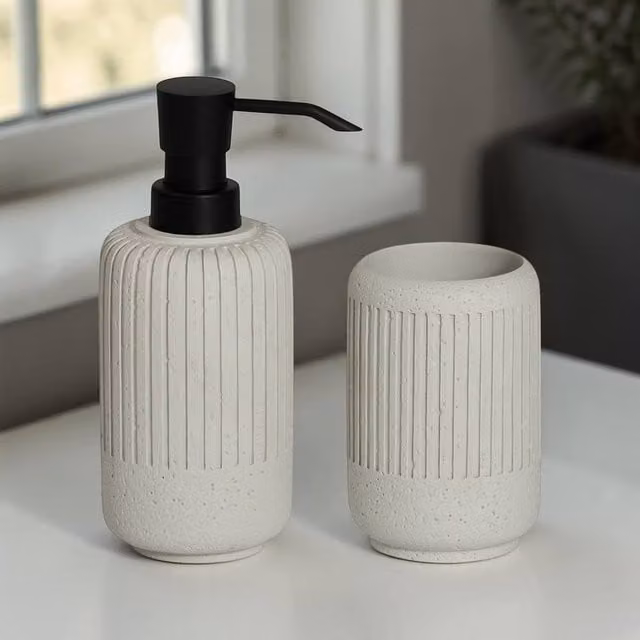 Showerdrape Alexandria 2 Piece Bathroom Accessory Set with Soap Dispenser and Tumbler in Stone and Black