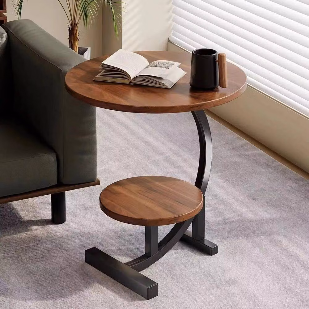 FORGEVIO Industrial Round Side Table in Brown with Wood and Metal Tiers, W/D/H: 60 x 40 x 60 cm – 2