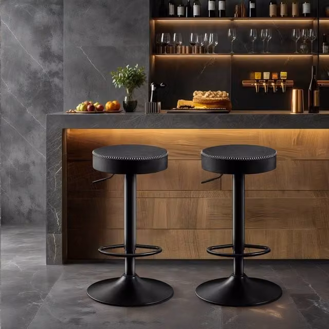 STOOLINK Set of 2 Swivel Bar Stools in Black Synthetic Leather with Metal Frame – 1