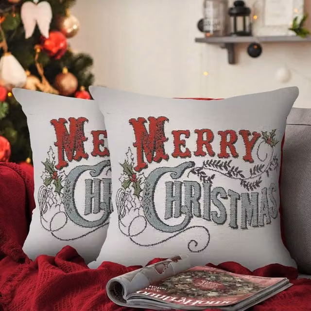 Velosso Christmas Holly Filled Cushion, White and Multicolour, W/D/H: 43 x 43 x 43 cm