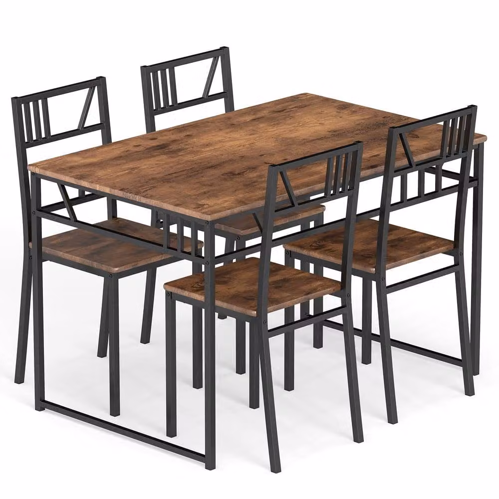 Costway 5 Piece Industrial Style Dining Table and 4 Chairs Set in Brown – 3