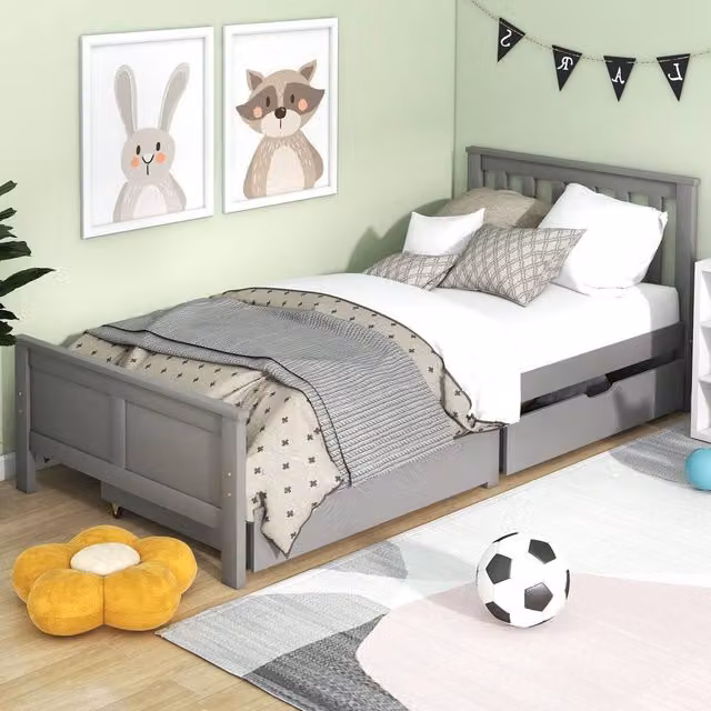 Merax Single Solid Pine Wooden Storage Bed Frame with 2 Drawers, Grey, W/D/H: 90 x 190 x 82 cm – 1