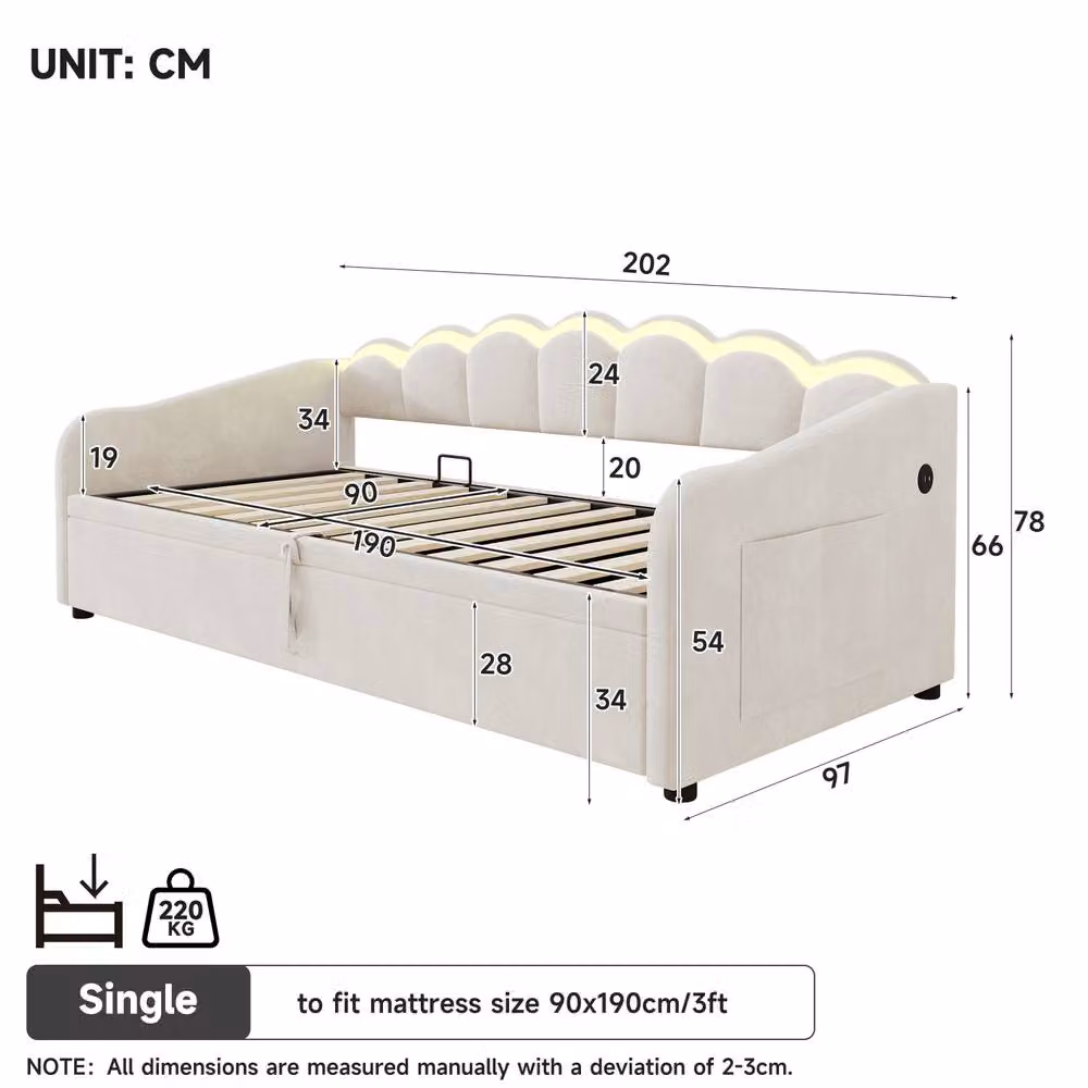 Rolipo Beige Velvet Petal Daybed with Hydraulic Storage, RGB LED Lighting and USB Charging Port, W/D/H: 90 x 190 cm – 6