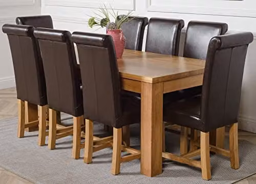 Thats Furniture Dakota Oak Dining Table and 8 Washington Brown Leather Chairs Set, W/D/H: 182 x 92 x 77 cm – 1