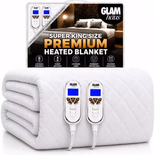 GlamHaus Superking Dual Control Electric Fitted Mattress Blanket in White – 1
