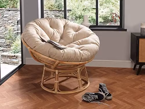 Desser Natural Rattan Papasan Chair with Neutral Latte Fabric Cushion, H97 x W104 x D95 cm – 2