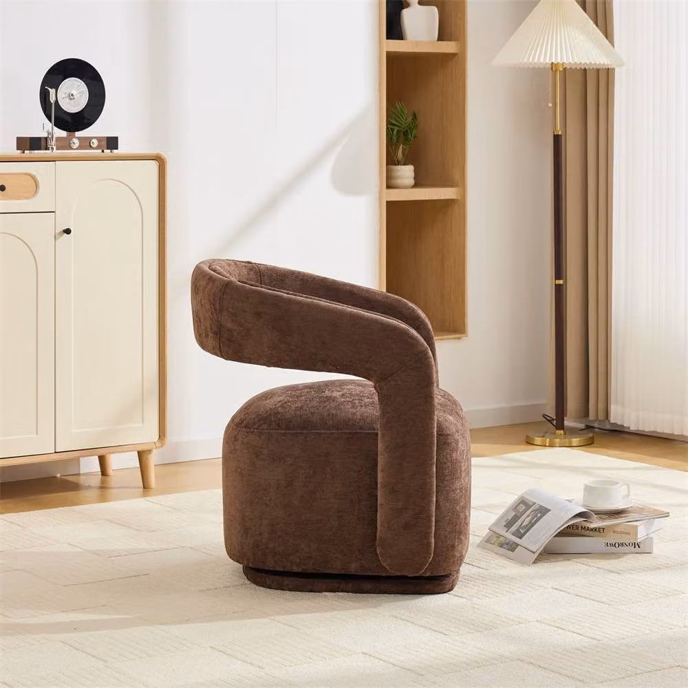 Direct Wicker Brown Chenille 360 Degree Swivel Armchair with Fabric Covered Wooden Base – 3