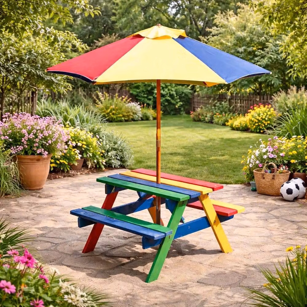 FLAVORA Multicolour Garden Bench and Parasol Set W: 150 cm, D: 85 cm – 2