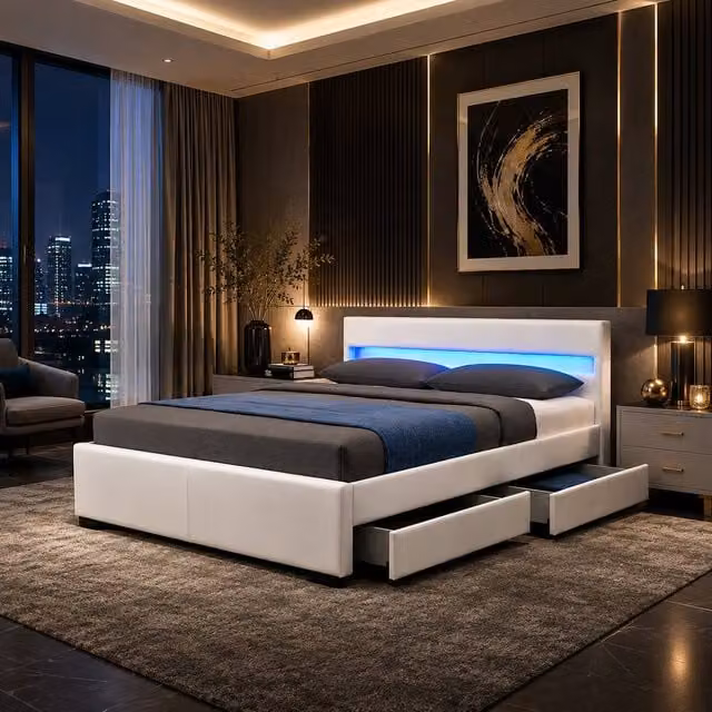 Harmin LUXURY White Double Bed with Upholstered Faux Leather Frame, LED Lighting, Bluetooth Speakers and USB Charging Port – 1