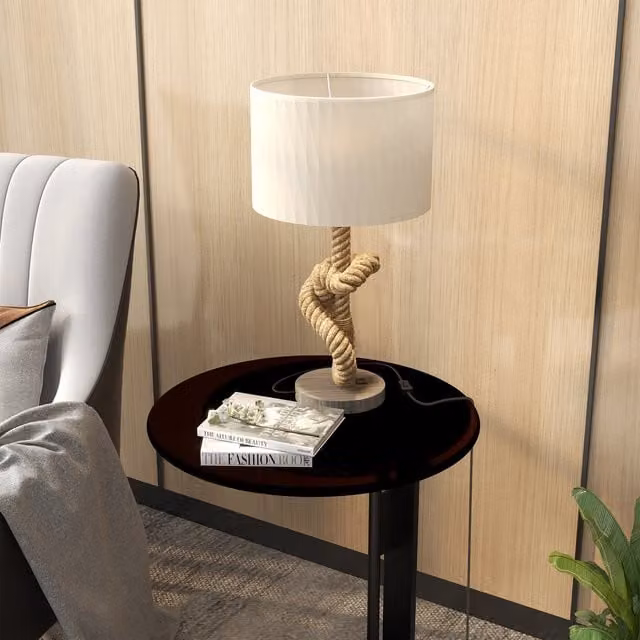 HOMCOM Nautical Table Lamp with USB Charging Port, LED Bulb and Hemp Rope in Natural Wood Finish
