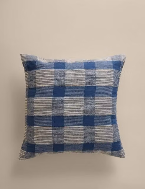 M&S Pure Cotton Checked Textured Square Cushion in Slate Blue