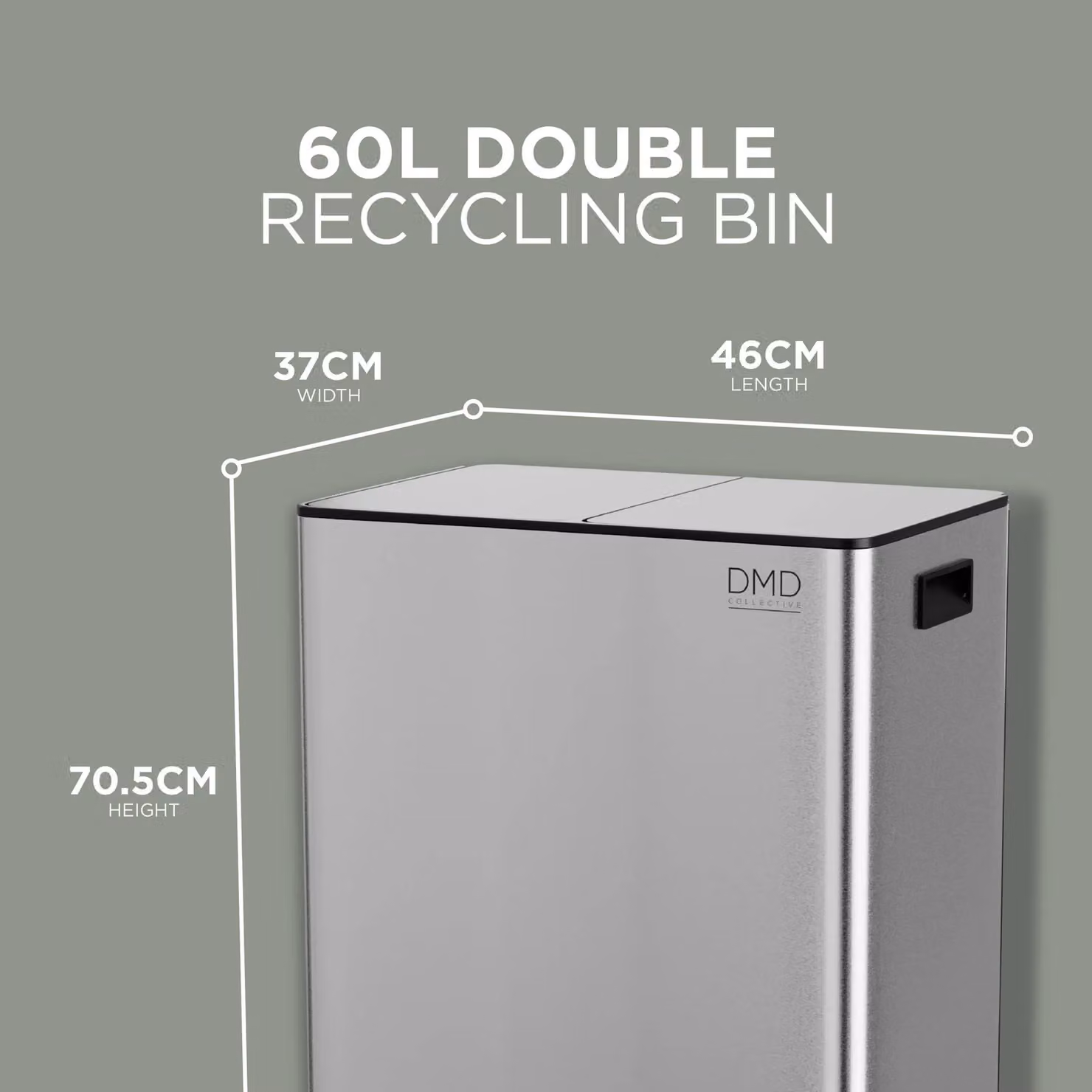 DMD Collective 60L Stainless Steel Double Kitchen Waste and Recycling Bin with Soft Close and Fingerprint Proof Finish in Silver – 2