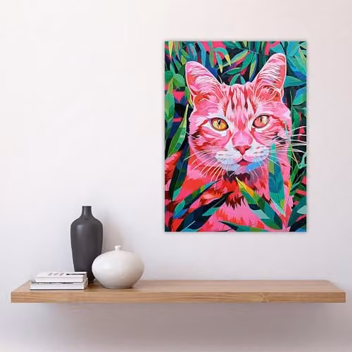 Artery8 Cat Lover Pet in Fronds Psychedelic Pink and Green Abstract Wall Art Poster Print on Thick Paper, W: 46.0 cm, H: 61.0 cm – 4