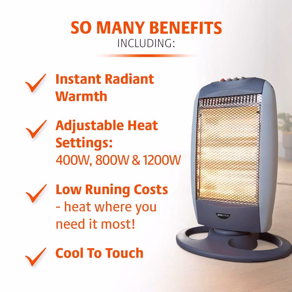 Bergstrom Grey Halogen Infrared Heater with 75 Degree Oscillation and 3 Heat Settings, H 48 cm x W 48 cm x D 48 cm – 3