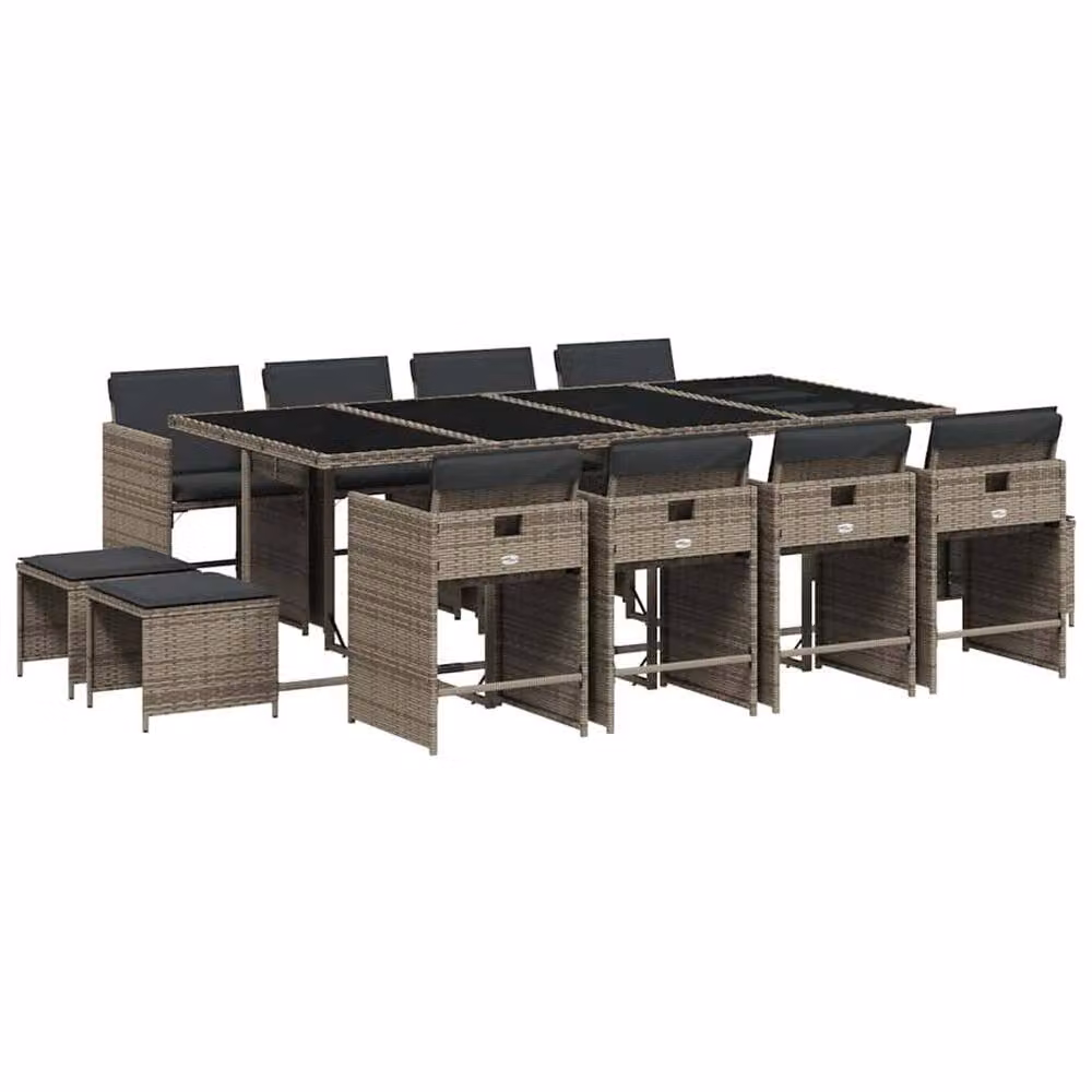 Berkfield Home 13 Piece Grey Poly Rattan Garden Dining Set with Cushions and Glass Tabletop – 2