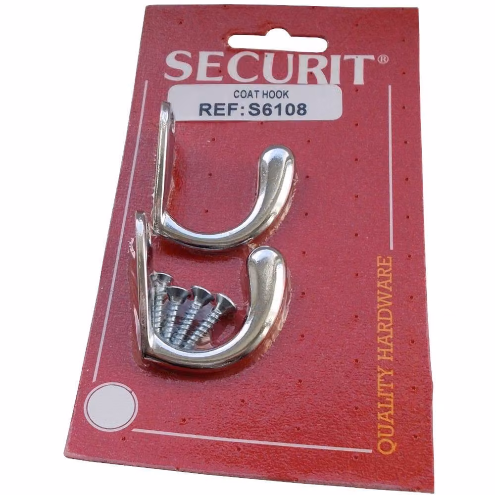Securit Silver Polished Metal Wall Mounted Coat Hooks, Pack of 2 – 2