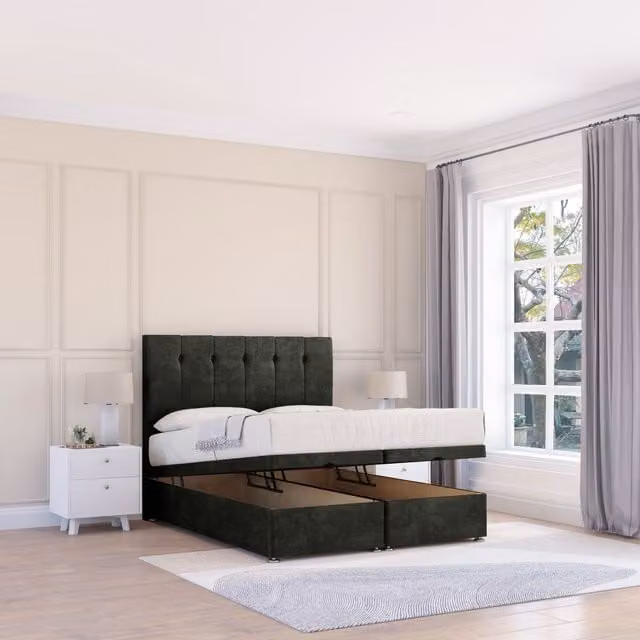 Sloomy Highbury Dumfries King Size Fabric Ottoman Bed in Black with 26 Inch Strut Headboard and Hybrid Memory Mattress W/D/H: 180 x 200 cm