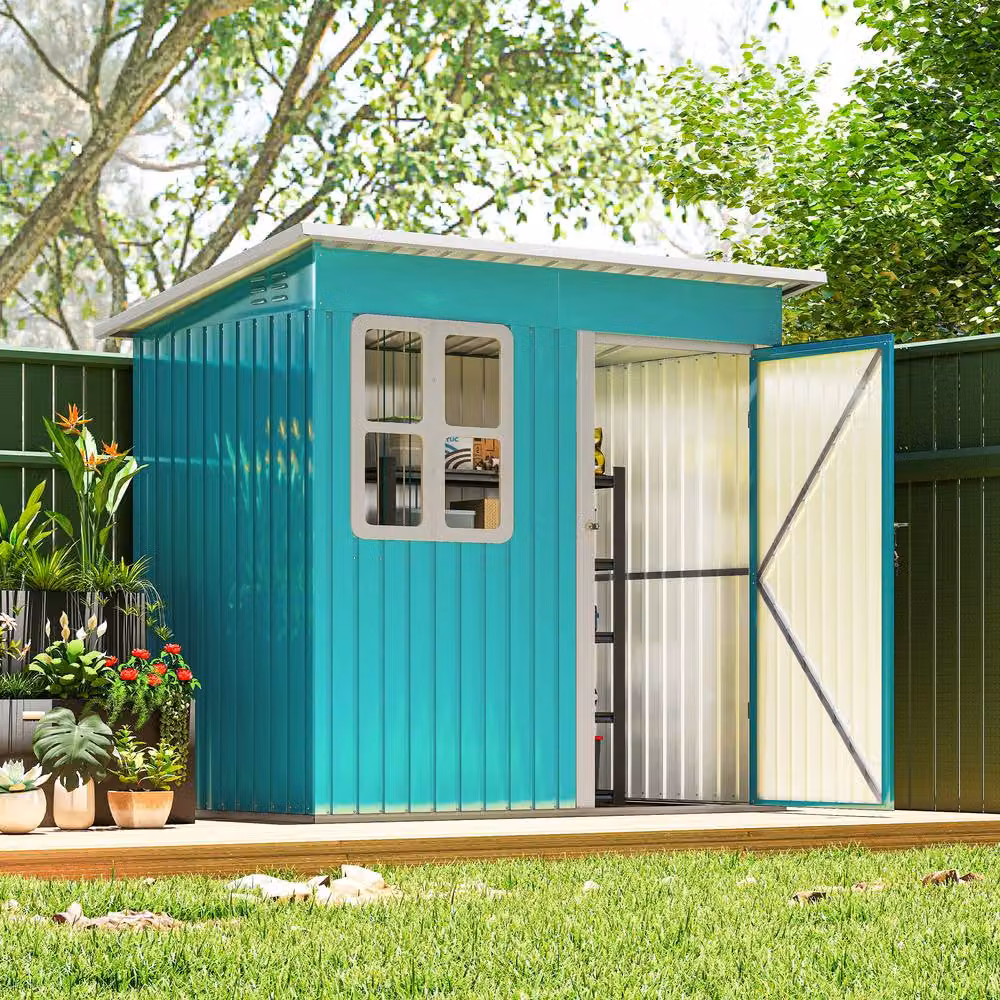 Rolipo Galvanised Steel Pent Garden Shed with Window and Lock, Green/Teal, W/D/H: 213.36 x 121.92 x 182.88 cm – 3