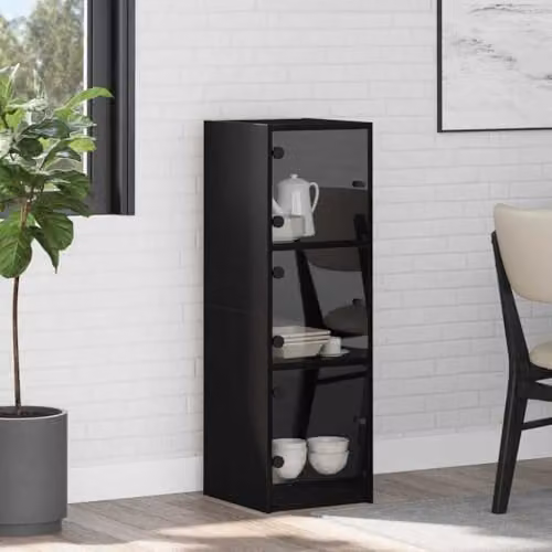 vidaXL Rustic Black Highboard with Glass Doors and Internal Shelves, W/D/H: 35 x 37 x 109 cm – 2