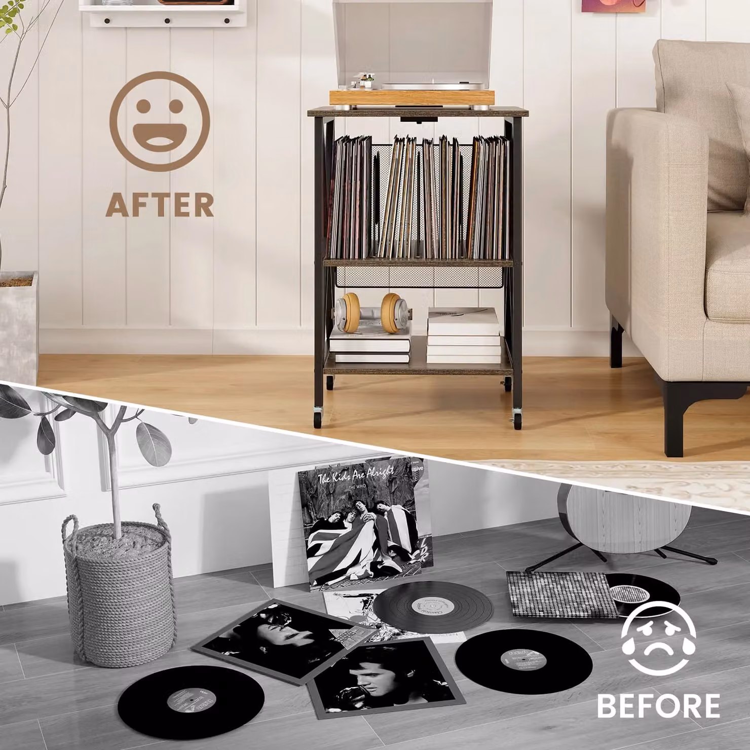 Costway Grey Industrial Record Player Stand and Vinyl Storage Cabinet with Castors – 4