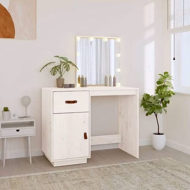 Berkfield Home Beautiful LED Dressing Table in White Solid Pine, W: 95 cm, D: 50 cm, H: 133.5 cm