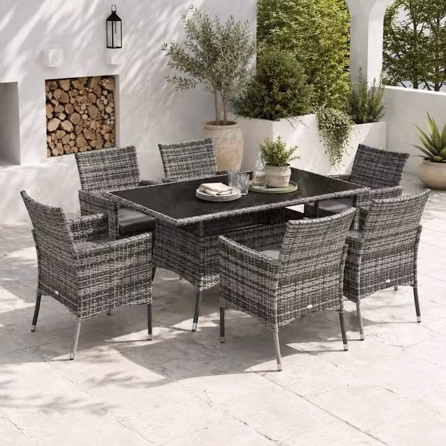 STILVORA 6-Seater Modern Dining Set with Grey Rattan and Metal Frame