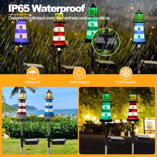 Leaper Set of 4 Red Solar Powered Lighthouse Shape LED Garden Lights with Ground Spikes – 3
